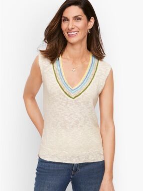 Talbots Cotton Linen Blend Tipped V-Neck Sweater Vest Coastal Preppy Size XLP